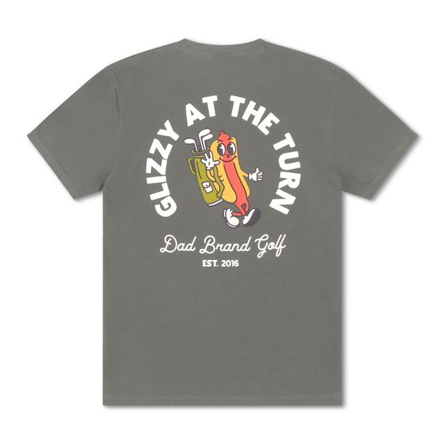 Glizzy Golf Shirt – Charcoal gray dad t-shirt with screen printed hot dog graphic. Funny golf shirt & perfect golf gift for dads.