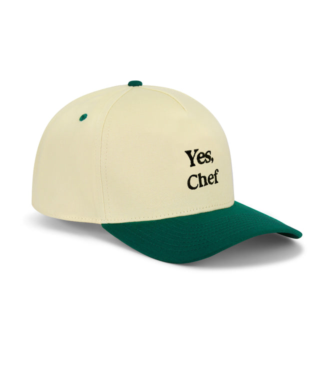 Yes, Chef Snapback Hat – cream and green 5-panel embroidered dad hat with high-profile structure, funny golf hat and dad gift