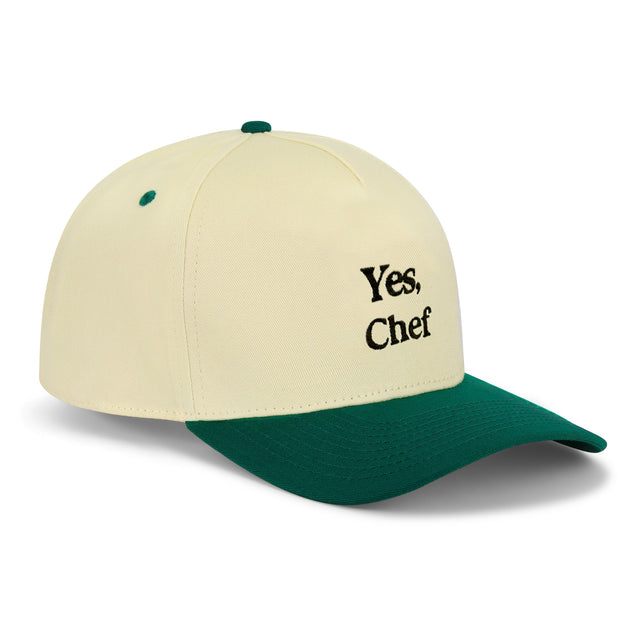 Yes, Chef Snapback Hat – cream and green 5-panel embroidered dad hat with high-profile structure, funny golf hat and dad gift