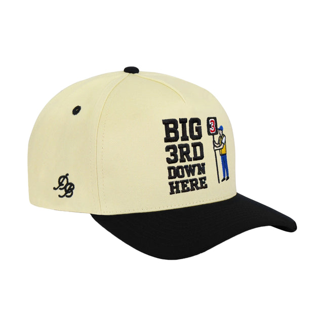 Big 3rd Down Here Snapback Hat – Funny embroidered football hat with cream crown and black brim. A classic snapback gift for dads from Dad Brand.