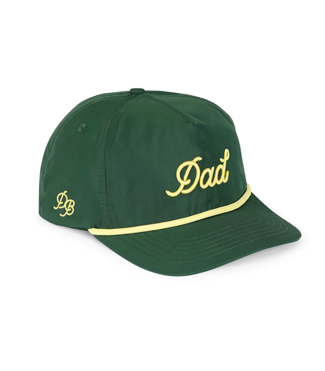Dad Rope Hat – olive green 5-panel snapback dad hat with rope detail, 3D embroidered Dad logo, lightweight and comfortable gift for dads