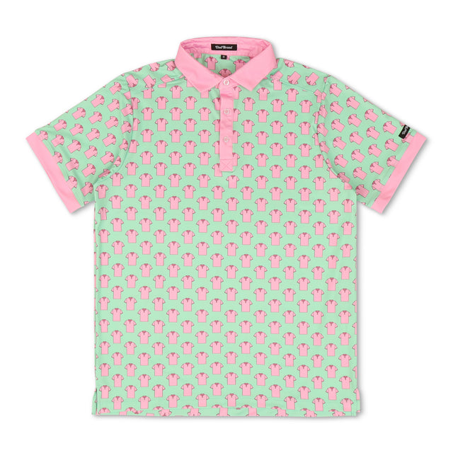 Polo Polo – Mint and pink golf polo shirt with all-over polo print. Lightweight, funny, and perfect golf gift for dads.