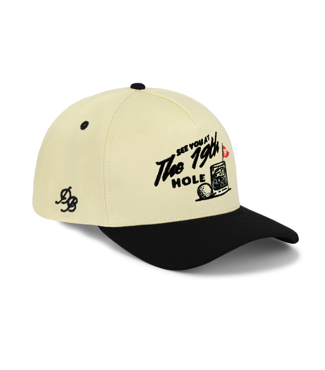 19th Hole Snapback Hat – cream and black embroidered 5-panel dad hat, high-profile structured snapback, funny golf hat and dad gift